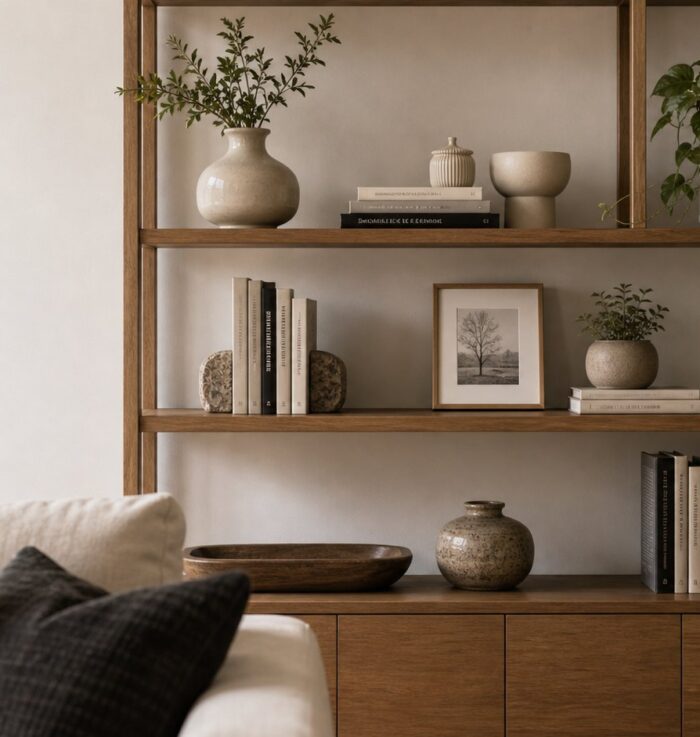 Estante decorada com livros, vasos e textura natural em ambiente acolhedor