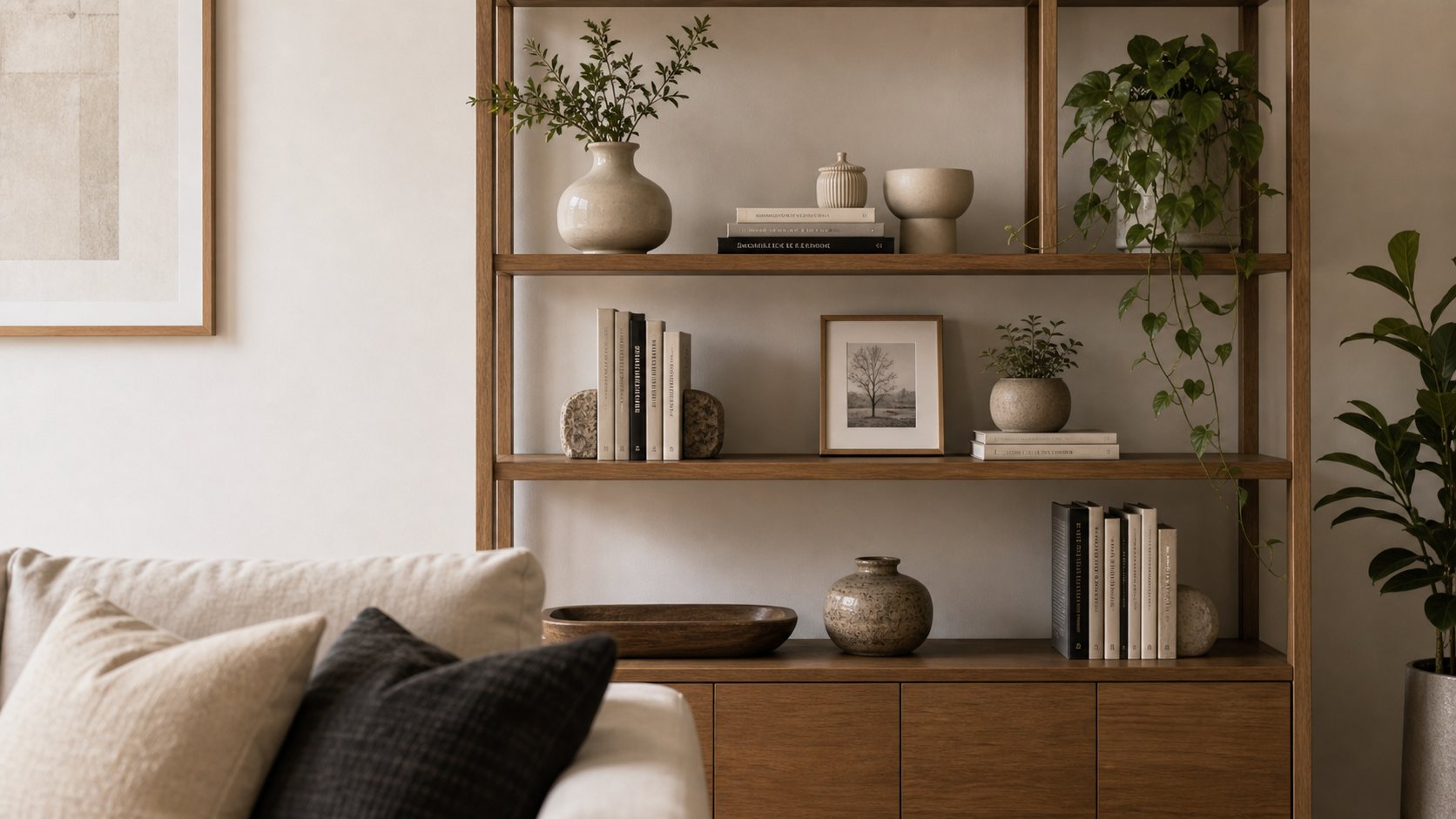 Estante decorada com livros, vasos e textura natural em ambiente acolhedor