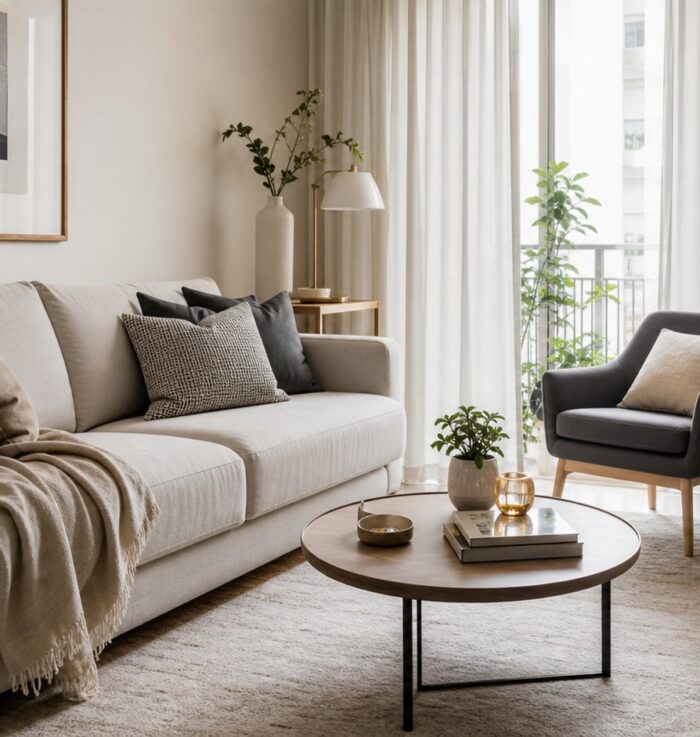 Sala pequena com sofa neutro, poltrona leve e composicao acolhedora